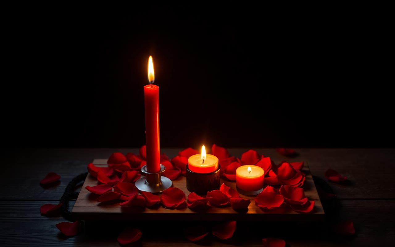 Velas rojas encendidas con pétalos de rosa en un altar para un amarre de amor