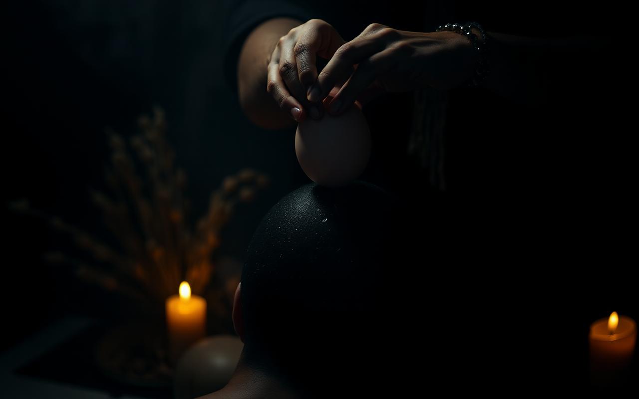 Curandera realizando una limpia espiritual con huevo a la luz de las velas