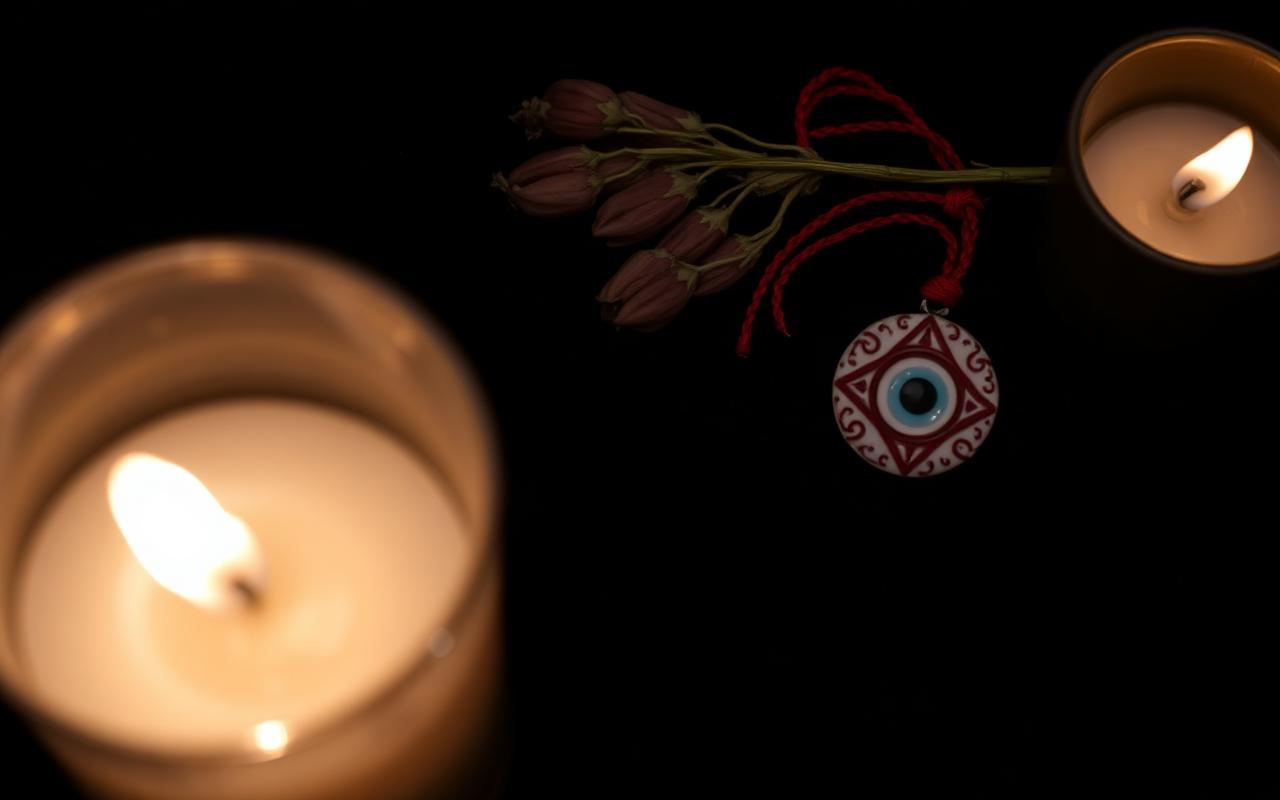 Amuleto ojo turco y pulsera roja junto a una vela blanca y ruda seca para protección contra el mal de ojo